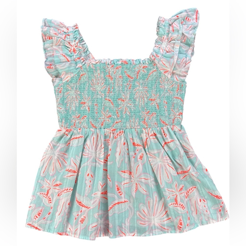 Vineyard Vines Woman’s XS Cotton Seersucker Floral Smocked Top Blue Neon Orange
